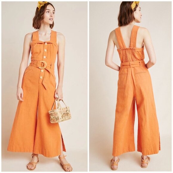 Anthropologie Cape Cod Linen Belted Jumpsuit Orange Women’s 0 - Picture 1 of 12